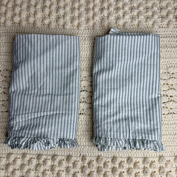 LAURA ASHLEY Cotton European Pillow Case Sham Gray White Ticking Stripe Ruffle - Picture 4 of 12